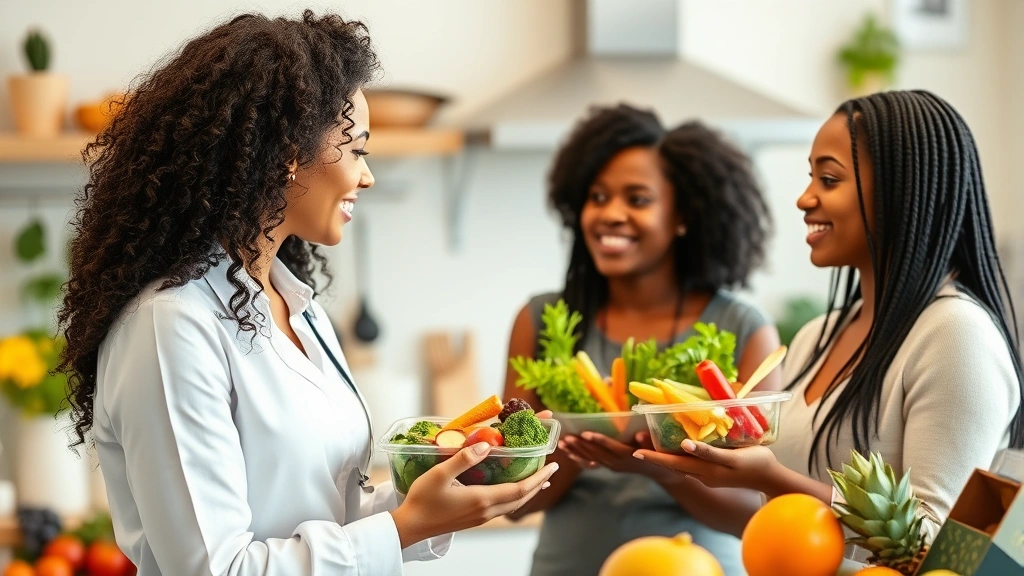 Nutritionist consultation scene with professional woman showing colorful vegetables and healthy meal prep containers to diverse client, bright kitchen background, fresh produce, wellness education moment, warm professional interaction