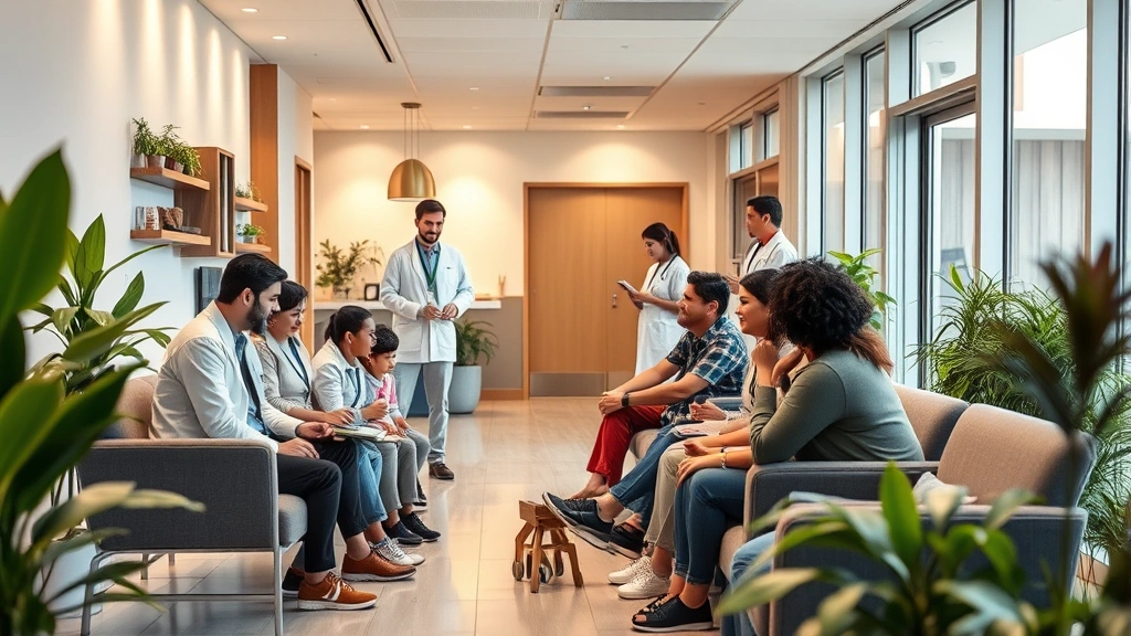 Modern medical clinic interior with diverse family in waiting room, warm lighting, welcoming atmosphere, plants, comfortable seating, diverse staff members interacting professionally