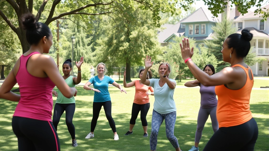 Community health workers conducting outdoor fitness class in neighborhood park with diverse participants of various ages exercising together, sunny day, green space, positive energy