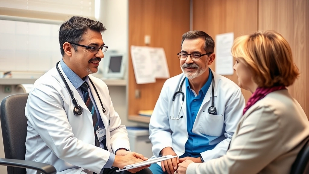 Doctor during patient consultation in exam room, listening attentively to patient, warm professional environment, medical charts visible, showing genuine care and engagement