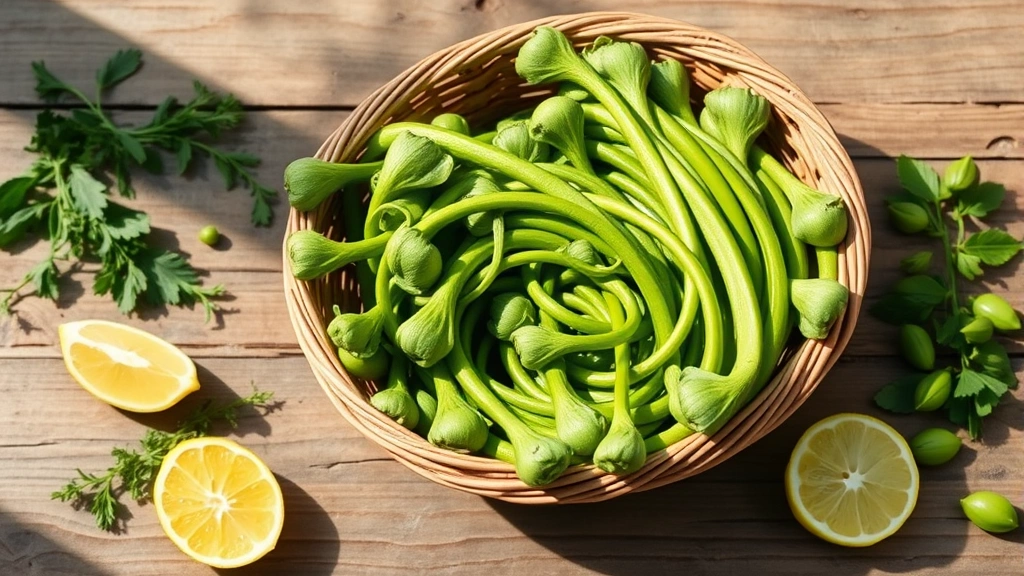 Fresh vibrant green fiddleheads coiled tightly in a woven basket on a rustic wooden table with spring herbs and lemon wedges, natural morning light creating shadows
