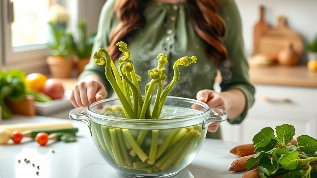 Woman in bright kitchen preparing fiddleheads, blanching them in boiling water with steam rising, surrounded by fresh spring vegetables and wellness ingredients