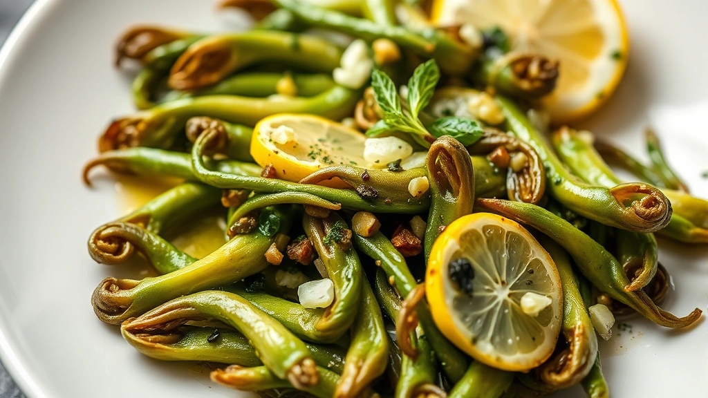 Close-up detail of cooked fiddleheads sautéed in olive oil with garlic, fresh herbs, and lemon on elegant white plate, ready to serve as healthy spring dish