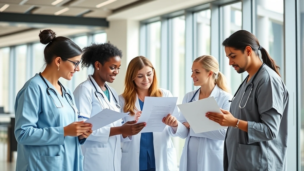 Diverse team of healthcare professionals including nurses and therapists reviewing patient records together in bright modern office with large windows, collaborative discussion, professional yet approachable atmosphere