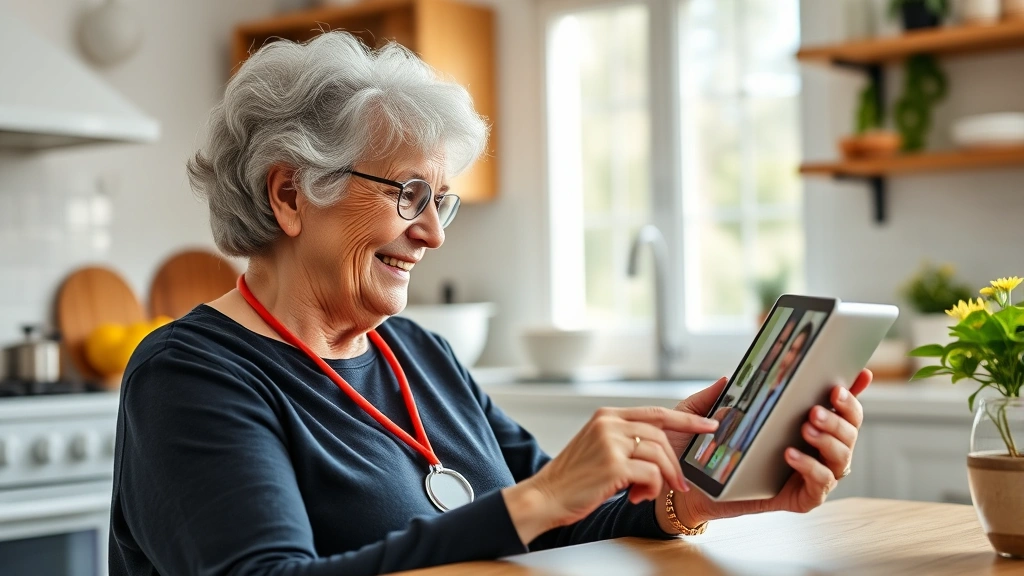 Senior woman using tablet video call with healthcare provider in home kitchen, smiling and engaged, modern telehealth technology, bright natural light, connected and supported feeling