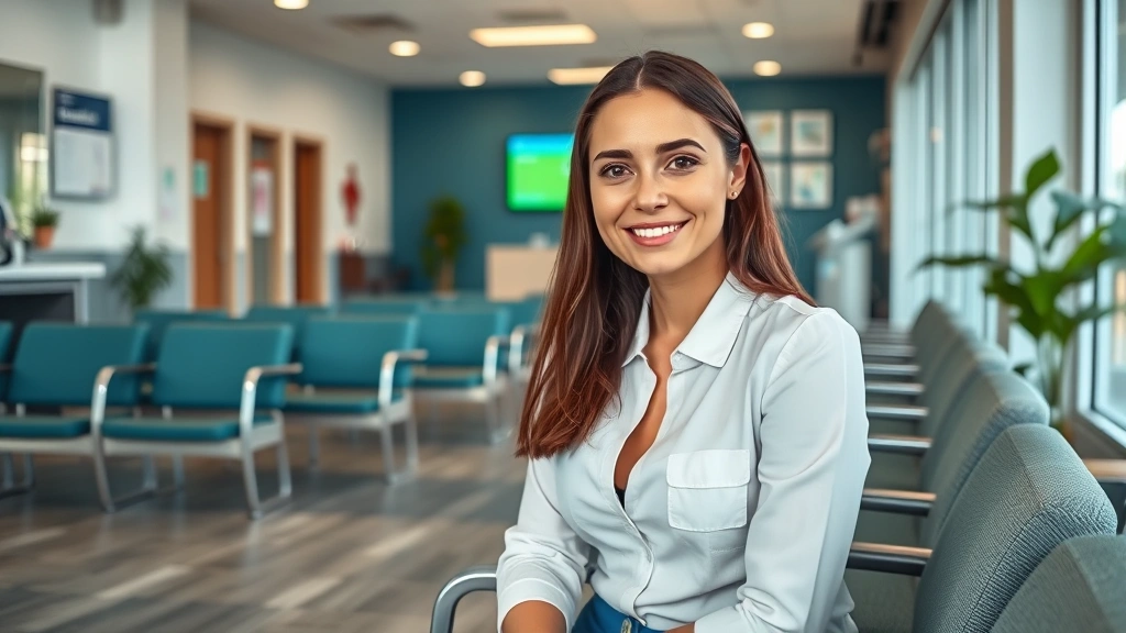 Young professional woman sitting in modern urgent care clinic waiting area with comfortable seating, natural lighting, and digital check-in screen visible in background