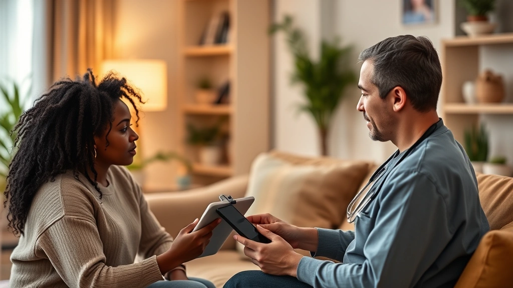 Diverse patient consulting with healthcare provider via video call on tablet at home, relaxed home environment with warm lighting, professional yet comfortable setting