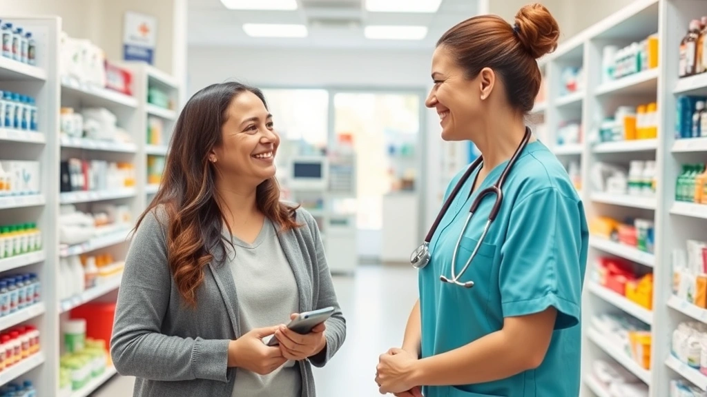 Retail clinic interior in pharmacy with friendly nurse practitioner and patient, well-organized medical equipment, bright clean space with welcoming atmosphere