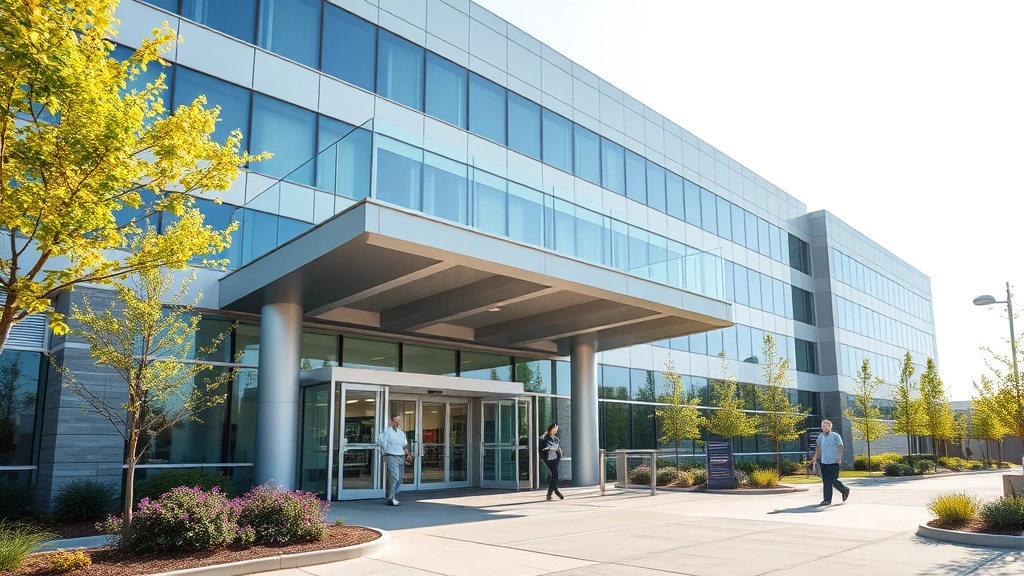 Modern hospital building exterior with welcoming entrance, glass doors, landscaped grounds, bright daylight, professional healthcare facility aesthetic, patients and visitors walking