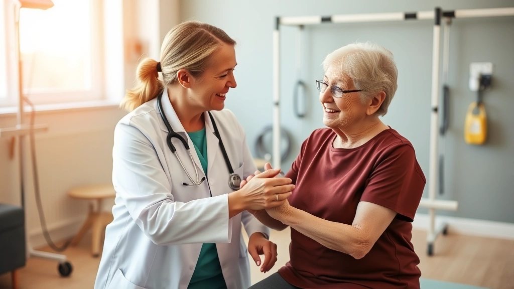 Compassionate healthcare provider assisting elderly patient during rehabilitation session, physical therapy room with equipment, warm lighting, supportive care interaction