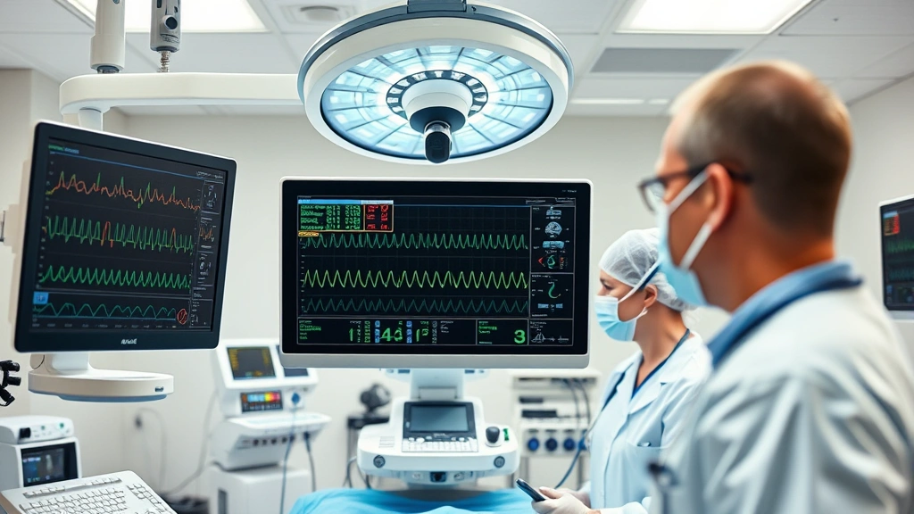 Advanced medical technology in operating room or diagnostic center, monitors displaying vitals, sterile professional environment, modern healthcare equipment, focused medical professionals