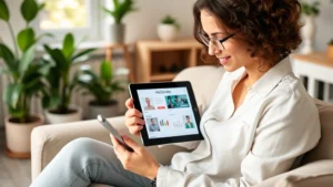 Woman in comfortable home setting viewing health information on tablet, natural lighting, wellness-focused background with plants, relaxed professional appearance, modern interior design