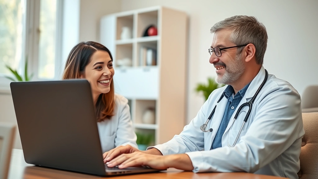Healthcare provider and patient having friendly consultation via video call on laptop, home office environment, warm lighting, both smiling and engaged, digital health interaction