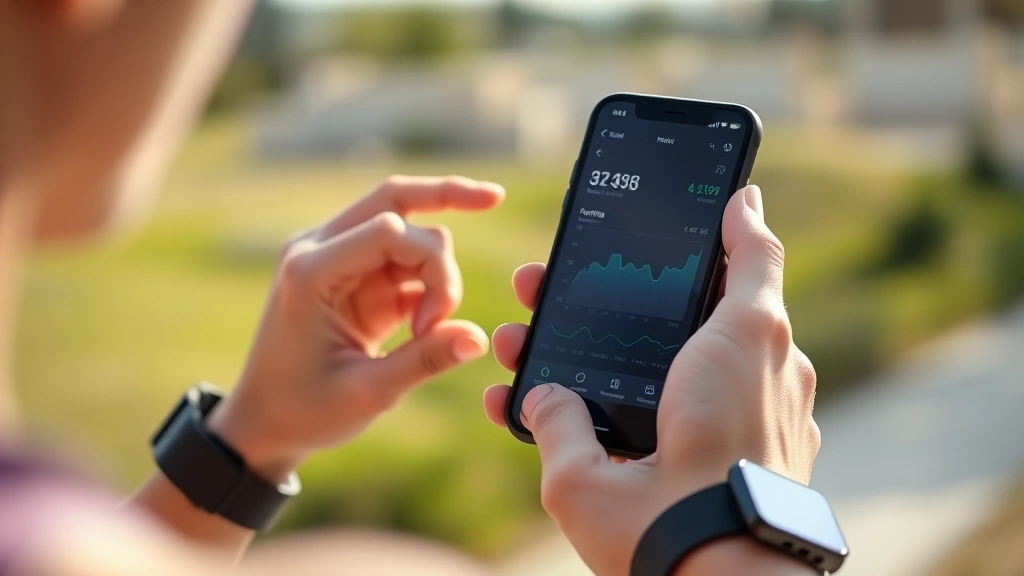 Person reviewing fitness and health metrics on smartphone with wearable watch visible, outdoor setting with natural light, active lifestyle context, modern wellness technology