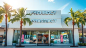 Aerial view of modern Florida pharmacy storefront with palm trees, bright sunlight, customer entering, clean professional setting