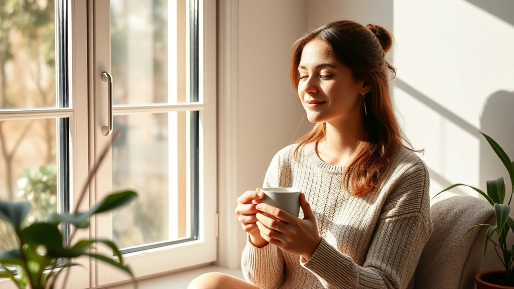 Woman sitting peacefully by a sunlit window with a warm beverage, natural light illuminating her calm, content expression, minimalist home interior with plants, soft morning atmosphere