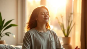 Person meditating peacefully in morning sunlight near a window, serene expression, comfortable home setting, natural light illuminating calm face