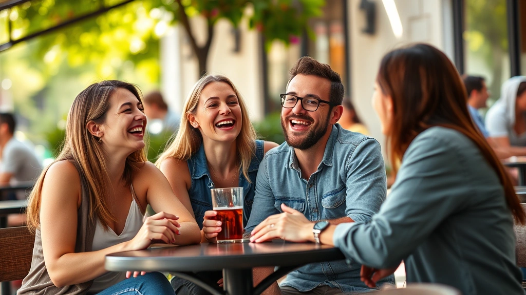 Group of friends laughing together at outdoor cafe, genuine smiles, warm natural lighting, relaxed body language, connection and joy visible