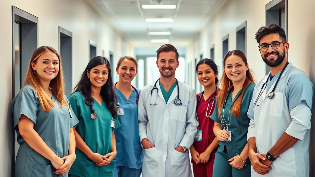 Professional healthcare team in modern hospital corridor wearing scrubs, diverse medical professionals collaborating, warm natural lighting, confident and compassionate expressions, modern medical facility background