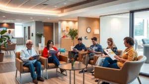 Modern healthcare facility waiting room with comfortable seating, warm lighting, diverse patients reading health literature, clean contemporary medical office environment