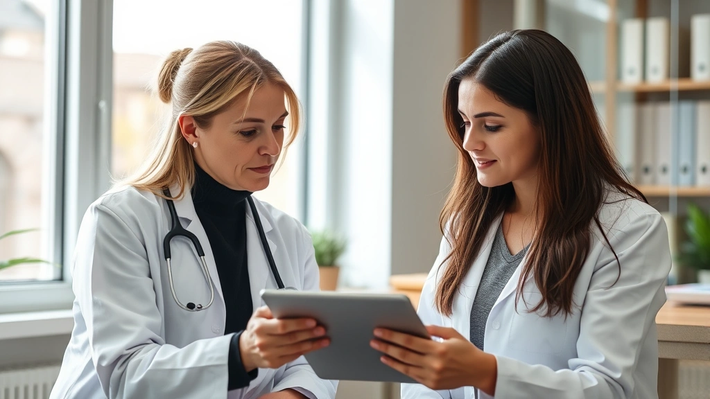 Female patient in consultation with male physician reviewing digital health records on tablet, professional medical office setting, warm natural light, focused discussion moment