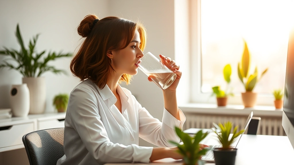 Woman drinking water at her bright office desk, morning sunlight streaming through window, peaceful focused expression, minimalist workspace with plants, professional casual attire