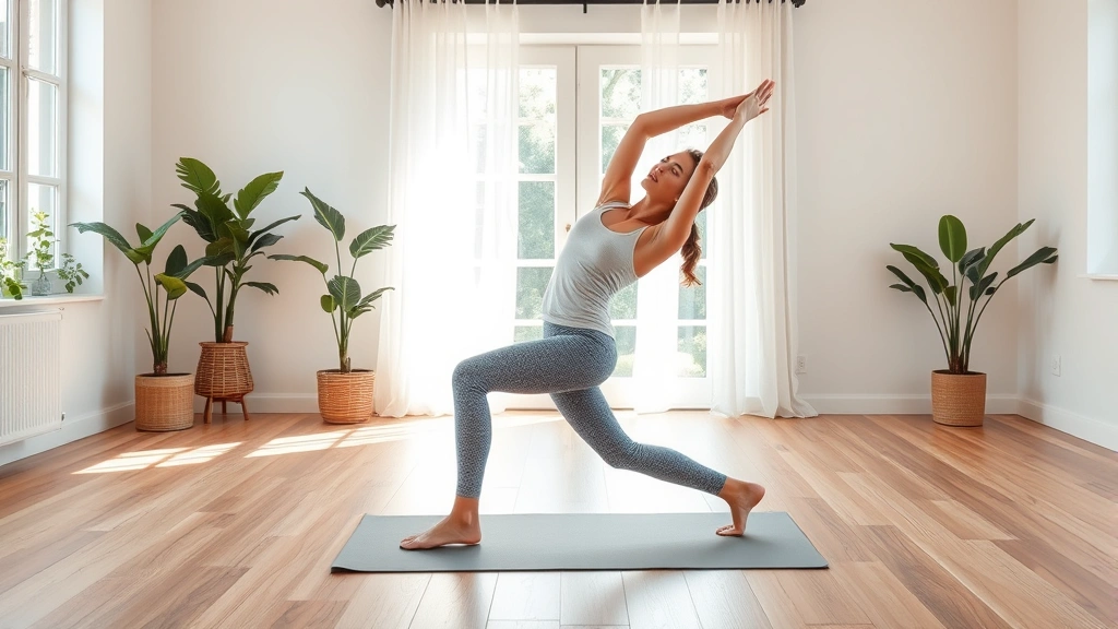 Person doing yoga stretching pose in bright home studio, natural light, wooden floor, plants visible, peaceful serene expression, comfortable workout clothes, wellness environment