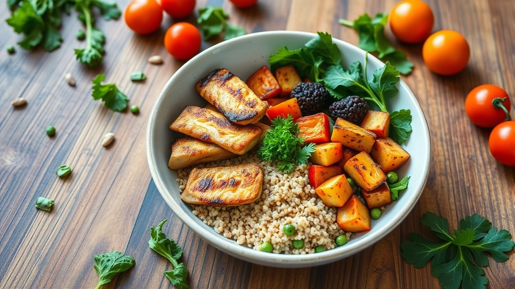 Healthy colorful meal bowl with grilled chicken, quinoa, roasted vegetables, and greens on wooden table, fresh ingredients scattered around, natural lighting, appetizing presentation