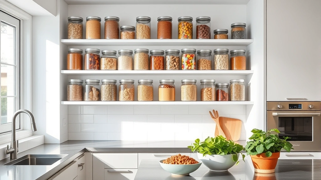 Bright, modern kitchen with open shelving displaying organized glass containers filled with colorful grains, legumes, nuts, and seeds, fresh leafy greens in ceramic bowls, stainless steel countertops, natural window lighting, minimalist aesthetic, healthy lifestyle ambiance