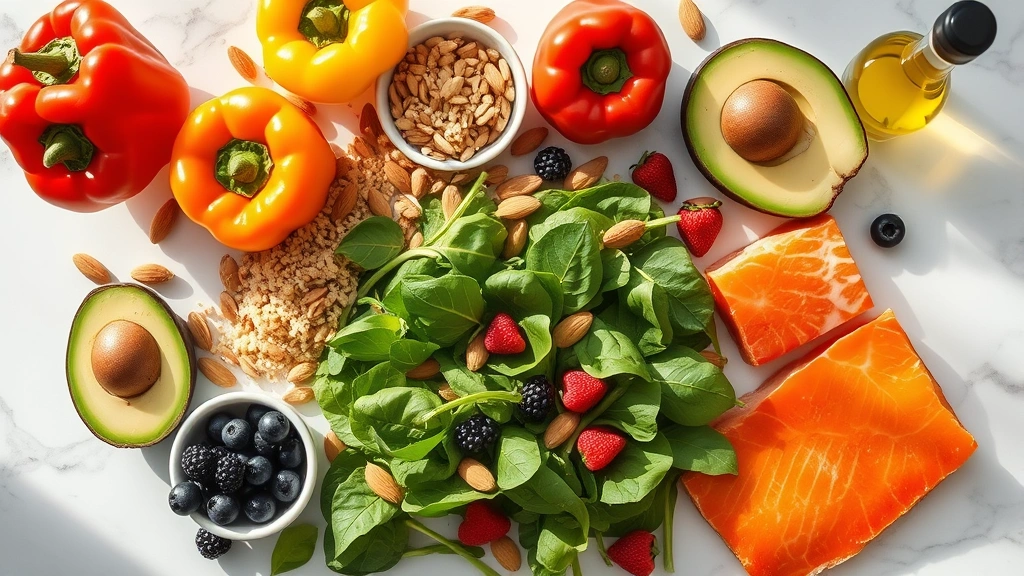 Overhead flat lay of nutrient-dense whole foods: vibrant bell peppers, leafy spinach, quinoa, almonds, avocado, salmon fillet, berries, olive oil bottle, arranged artfully on marble countertop with morning sunlight, fresh and appetizing presentation