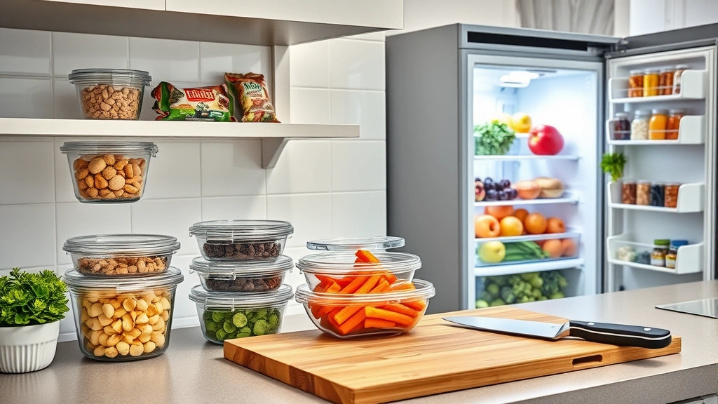 Contemporary kitchen workspace showing organized meal prep scene: clear glass containers with prepared components, quality health bars on accessible shelf, fresh produce in refrigerator with open door, professional chef's knife and wooden cutting board, well-lit modern kitchen design