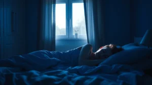 Person sleeping peacefully in dark bedroom with cool blue lighting, blackout curtains visible, minimalist Scandinavian aesthetic, morning sunlight barely entering, serene expression
