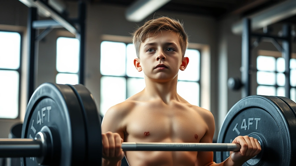 Young person in gym performing deadlift with perfect form, focused expression, minimal equipment setting, natural lighting from windows, sweat on skin, determined concentration
