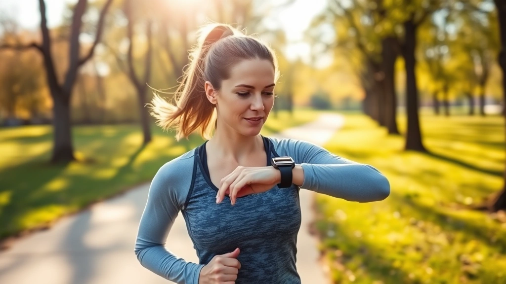 Woman checking smartwatch while jogging in morning sunlight through park, wearing athletic gear, focused expression, natural outdoor setting with trees and pathways visible