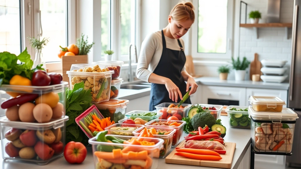 Person meal prepping colorful vegetables and proteins in modern kitchen, natural lighting through windows, organized containers, fresh ingredients on counter, healthy lifestyle aesthetic