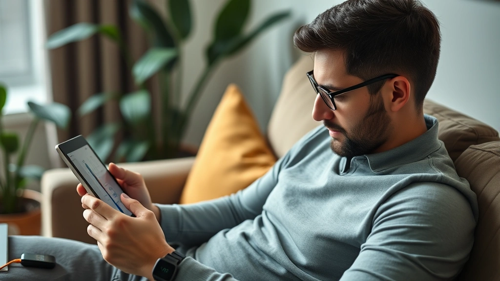 Man reviewing health data on tablet in comfortable home setting, sitting on couch with wearable devices visible, peaceful environment with plants, analytical but relaxed mood