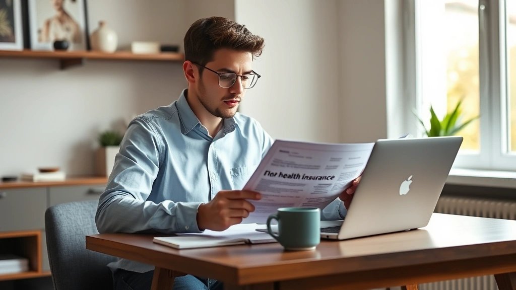 Young professional reviewing health insurance documents at modern home desk, laptop open, coffee cup nearby, natural daylight streaming through window, thoughtful expression, organized workspace