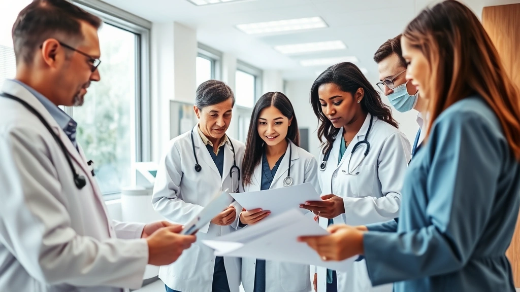 Professional healthcare team in modern clinic collaborating around patient records, diverse professionals discussing care plan, natural lighting, contemporary medical office environment