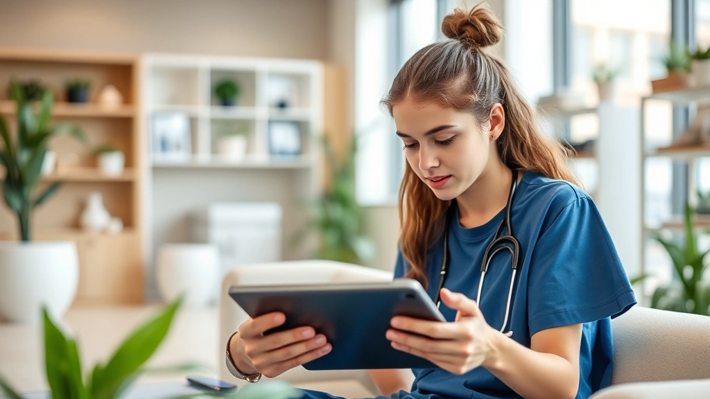 Young health professional studying data on tablet in wellness center, focused expression, modern healthcare technology, comfortable professional setting with natural elements