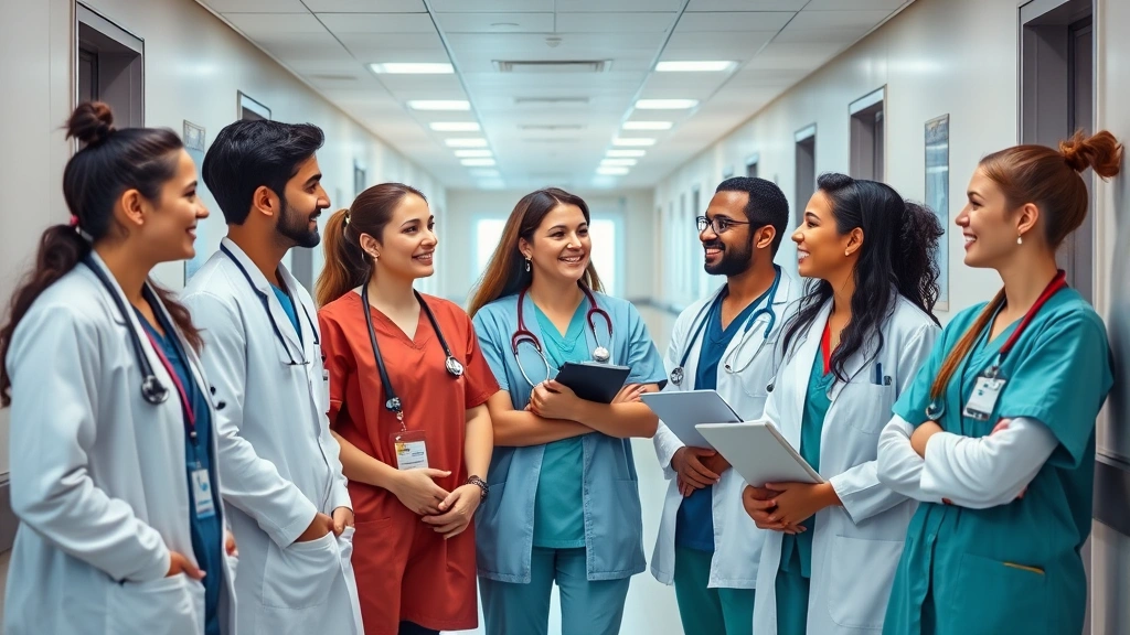 Diverse group of healthcare workers in hospital corridor, smiling, engaged conversation, modern medical facility, representing interdisciplinary collaboration and professional community