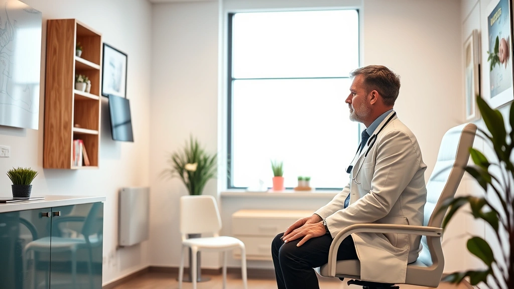 Modern medical office with warm lighting, professional gastroenterologist consulting with patient in comfortable examination room, natural window light, serene healthcare environment