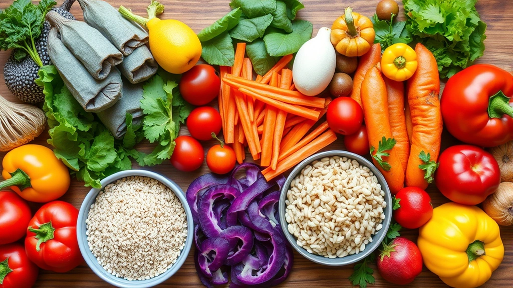 Healthy colorful vegetables and fruits arranged on wooden table, fresh salads, whole grains, probiotics, wellness-focused nutritious food for digestive health