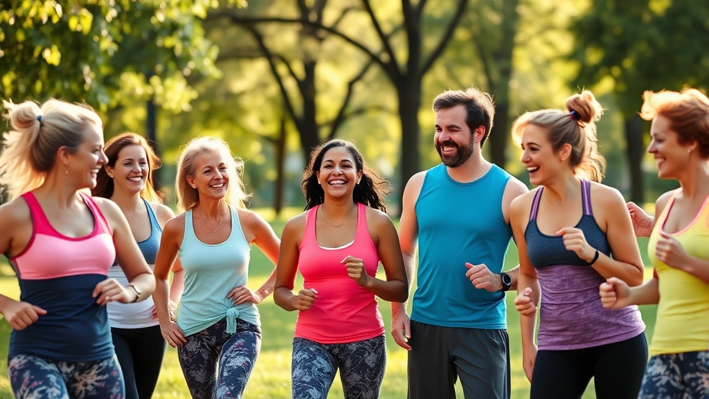 Diverse group of people laughing together at outdoor fitness class in park, colorful athletic wear, morning sunlight, community wellness atmosphere with trees in background