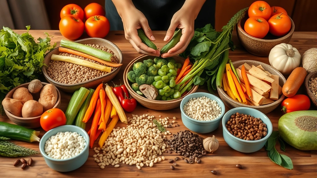 Nutritious meal prep scene with fresh vegetables, grains, and proteins arranged on wooden table, hands holding healthy food, warm kitchen lighting, wellness-focused composition