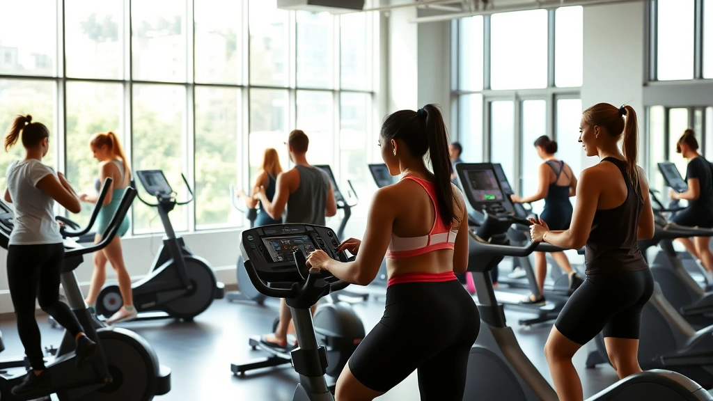 Modern fitness studio with diverse group of people using cardio equipment, natural lighting through large windows, professional gym setting with contemporary design