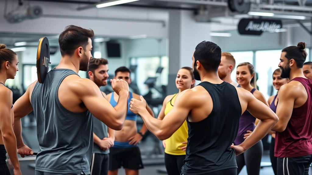 Personal trainer demonstrating proper form to diverse group of gym members, encouraging atmosphere, modern gym interior with equipment visible in background