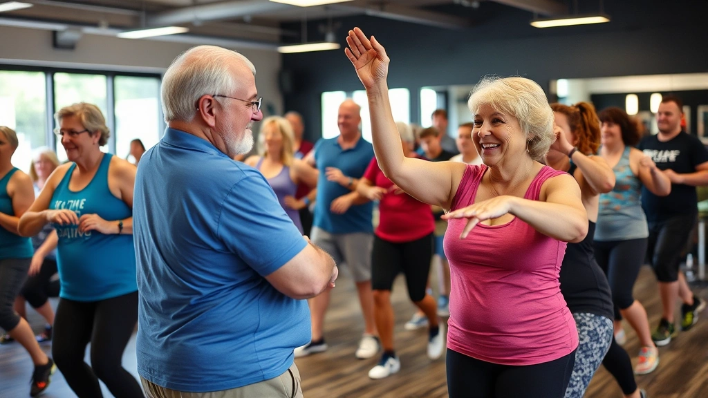 Community celebration or group fitness class at Genesis Health Club, members of various ages and fitness levels participating together, positive energetic atmosphere