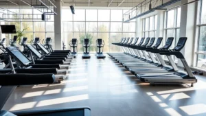 Bright modern fitness center with rows of treadmills and cardio machines, large windows with natural daylight, contemporary design with polished floors and motivational atmosphere
