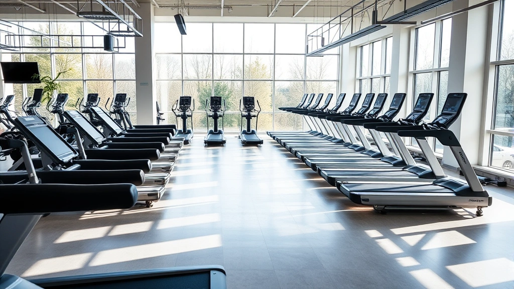 Bright modern fitness center with rows of treadmills and cardio machines, large windows with natural daylight, contemporary design with polished floors and motivational atmosphere