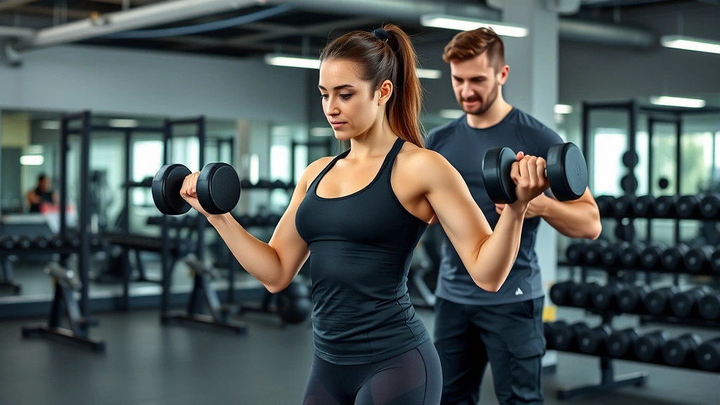 Athletic woman performing dumbbell exercises with personal trainer providing guidance, spacious strength training area with free weights visible, professional gym setting with supportive coaching